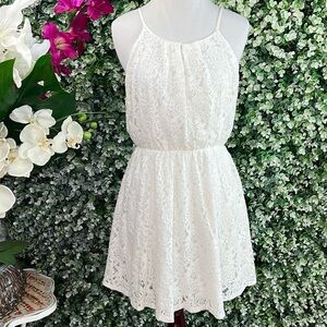 Peach Royal Floral Lace White Mini Dress